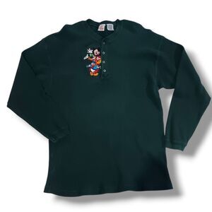 Vtg Disney Store Thermal Henley Top-Size XL-Embroidered Mickey & Friends-Green
